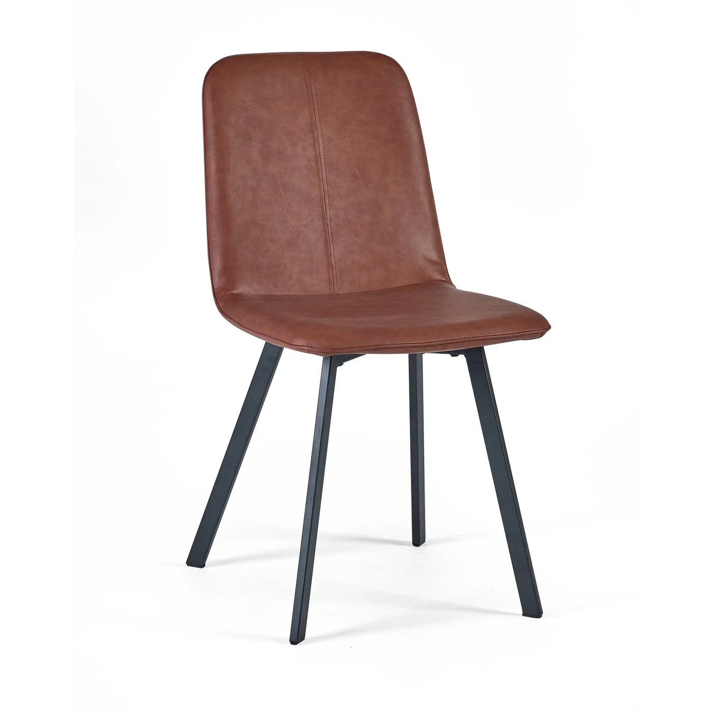 Brown faux leather dining chair with black metal legs on white background