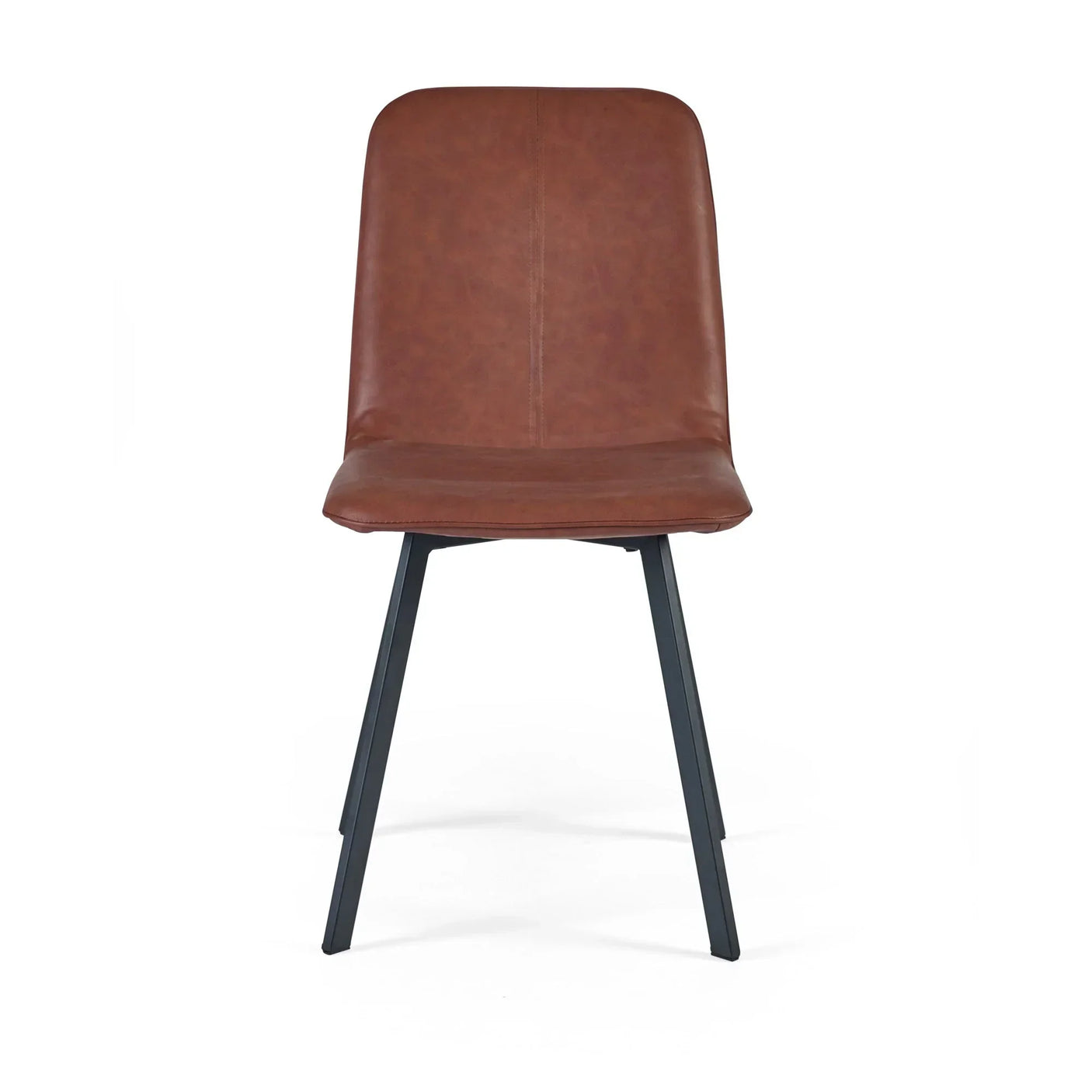 Brown leather dining chair with black metal legs, front view on white background