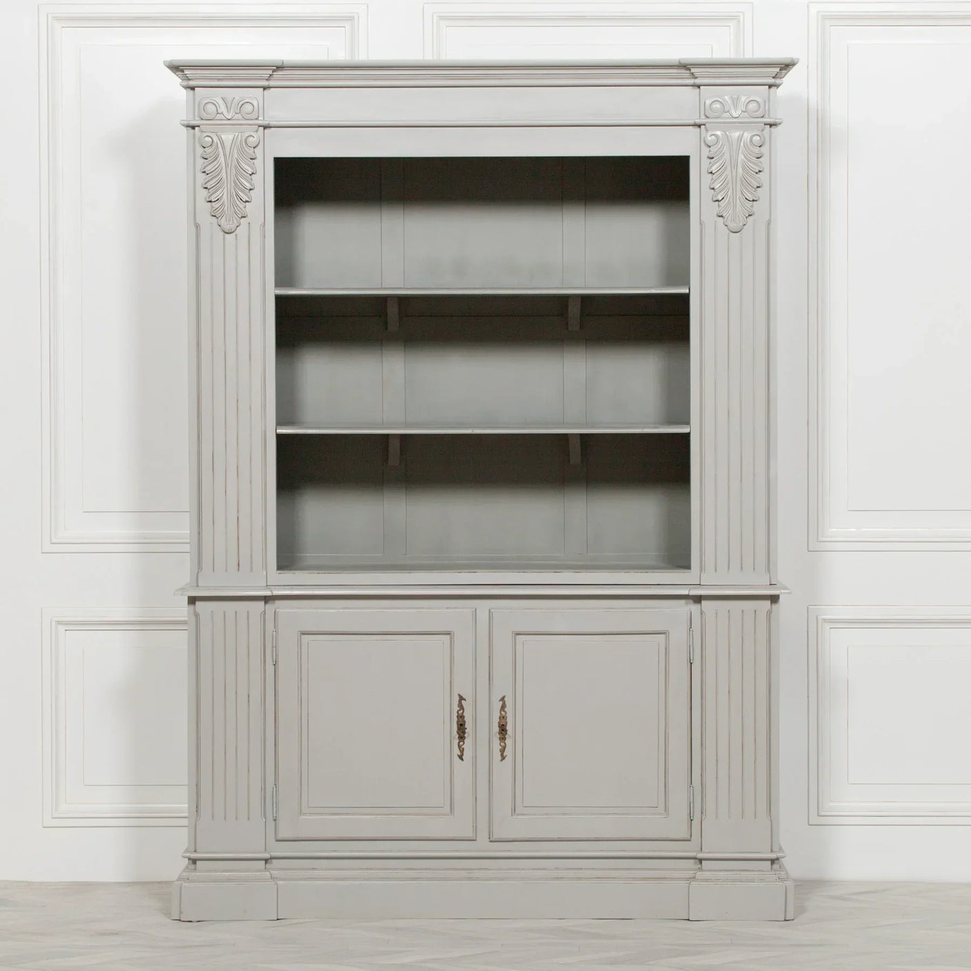 Grey wooden display cabinet with open shelving and double door storage base