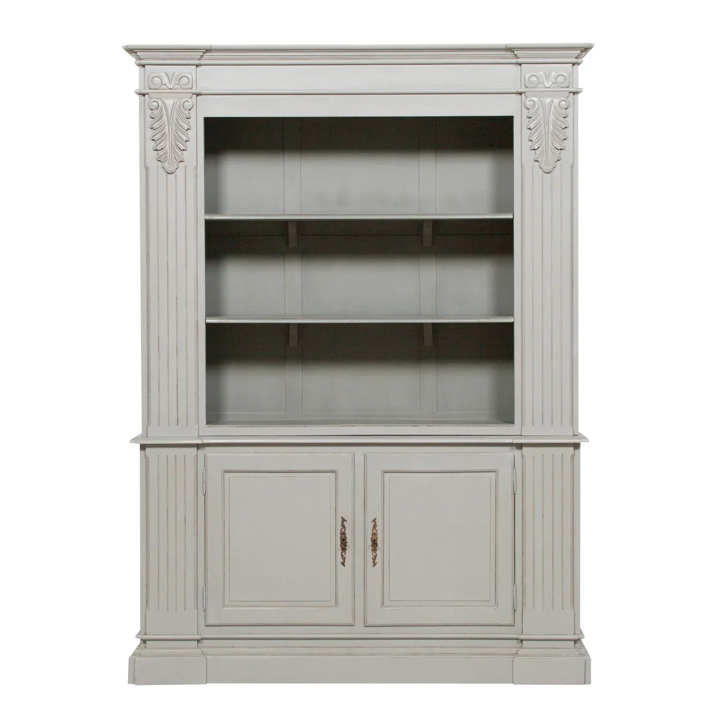 Grey wooden display cabinet with open shelves and two lower storage doors