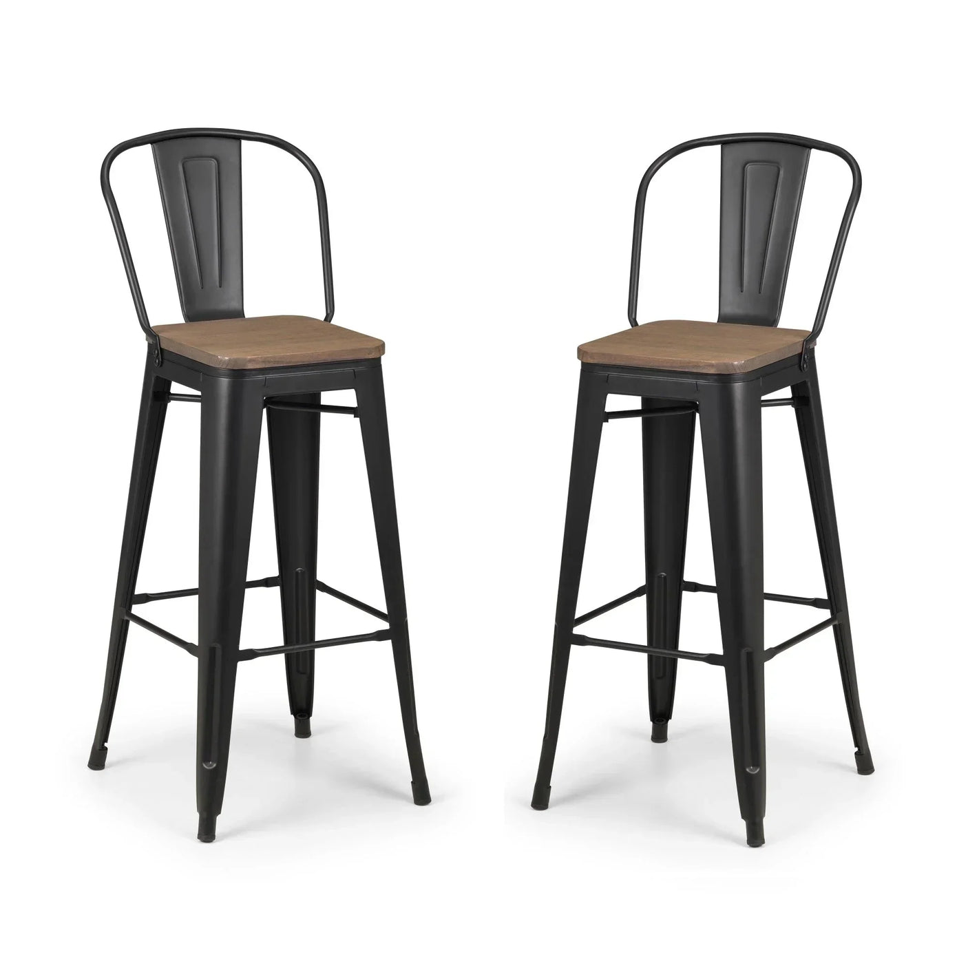 Pair of industrial bar stools with black metal frames and wooden seats
