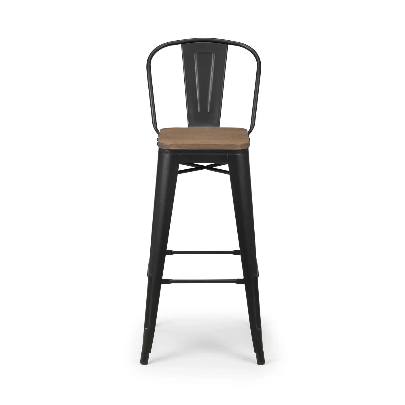 Black metal bar stool with wooden seat and high backrest, photographed front facing