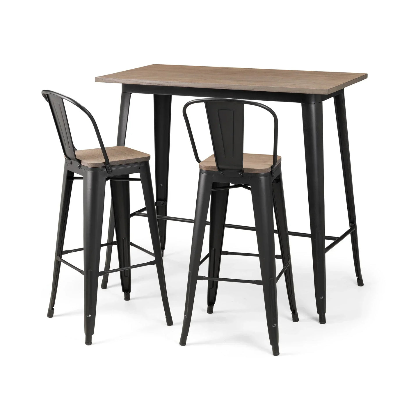 Industrial bar table set with two black metal stools and wood seats on white background