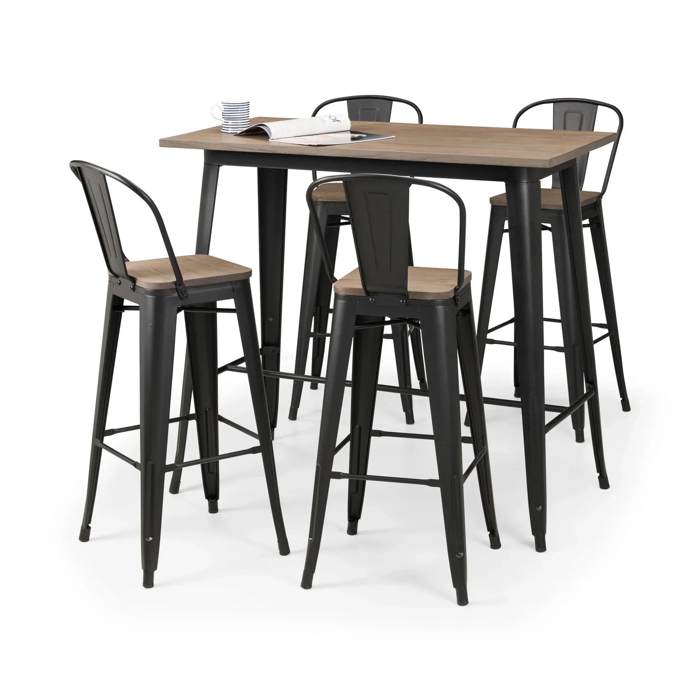 Industrial bar table set with four black metal stools and wood seats