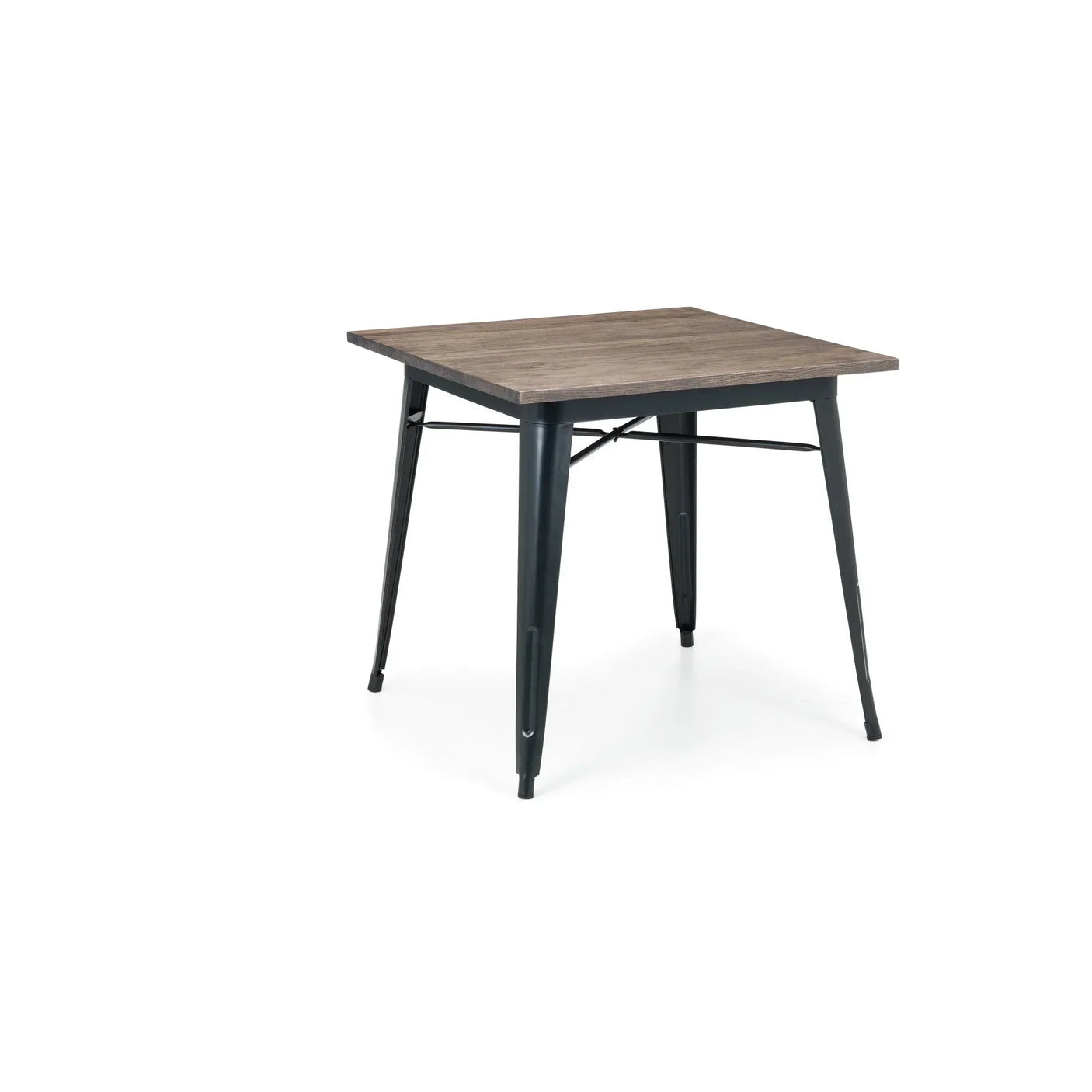 Square industrial dining table with black metal legs and wood effect top