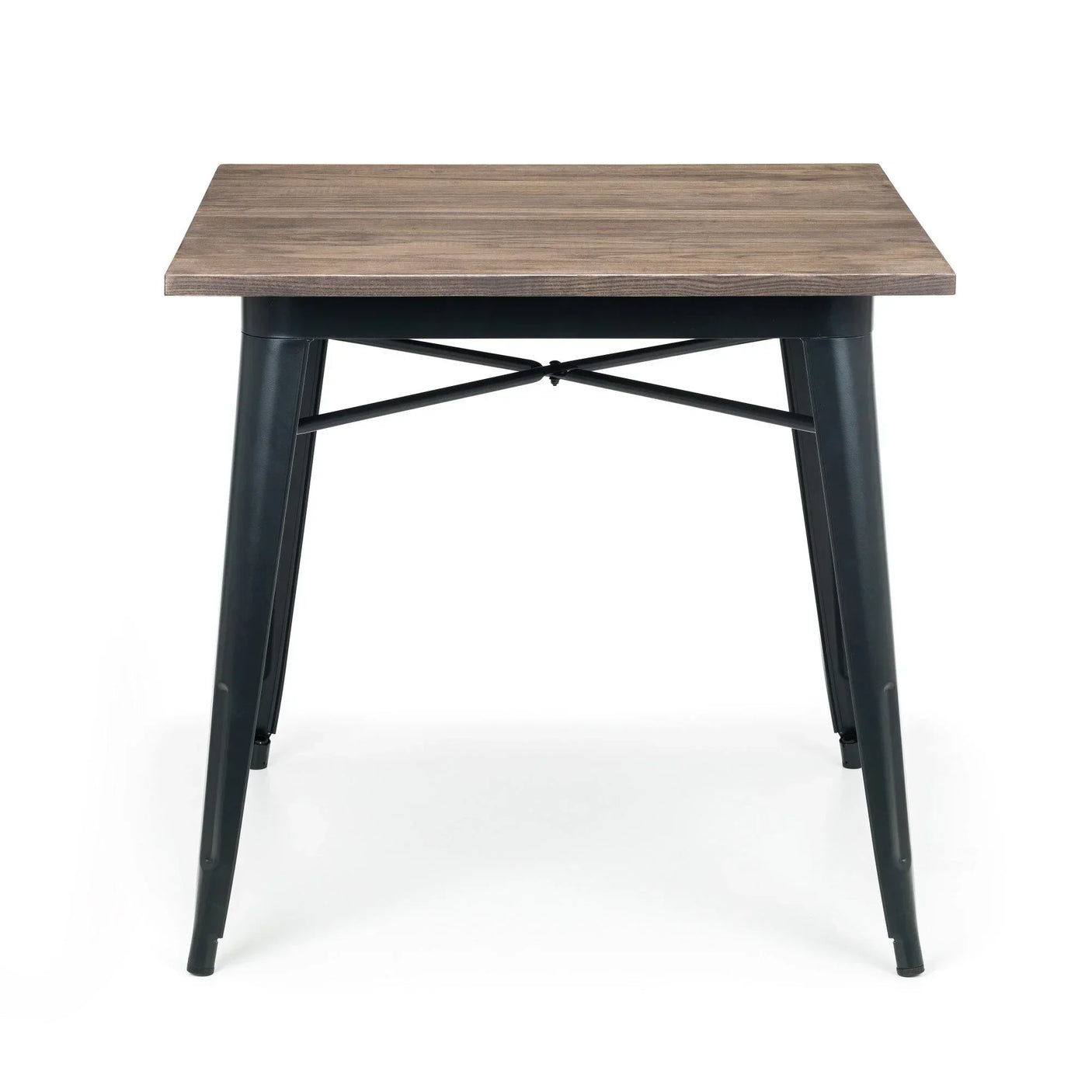 Square industrial dining table with a wooden top and black metal legs, front view