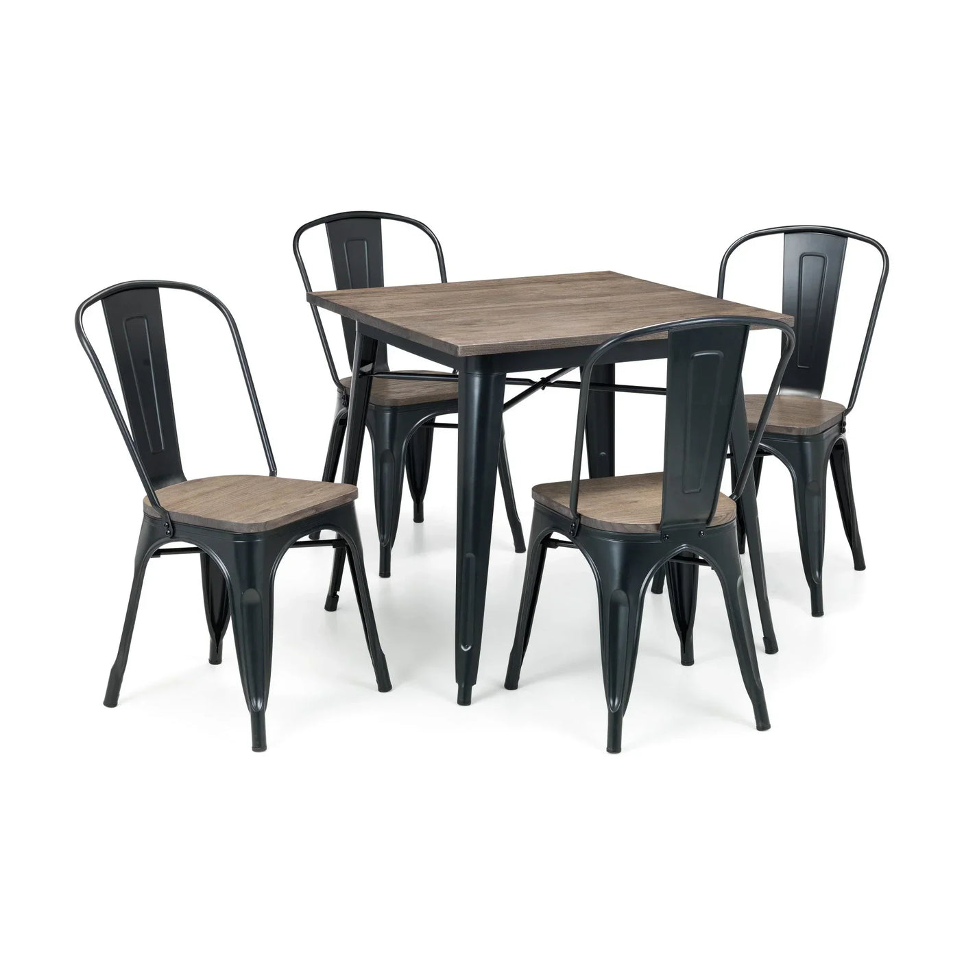 Industrial dining table set with black metal legs and four matching wood seat chairs