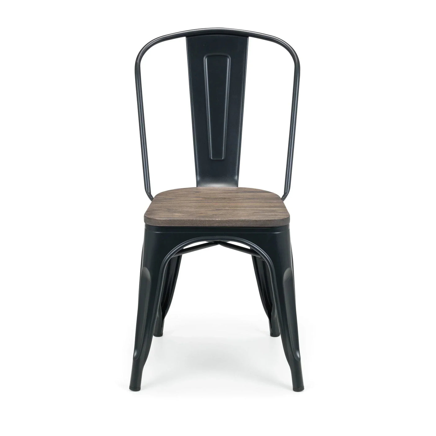 Industrial dining chair with black metal frame and wooden seat, front view