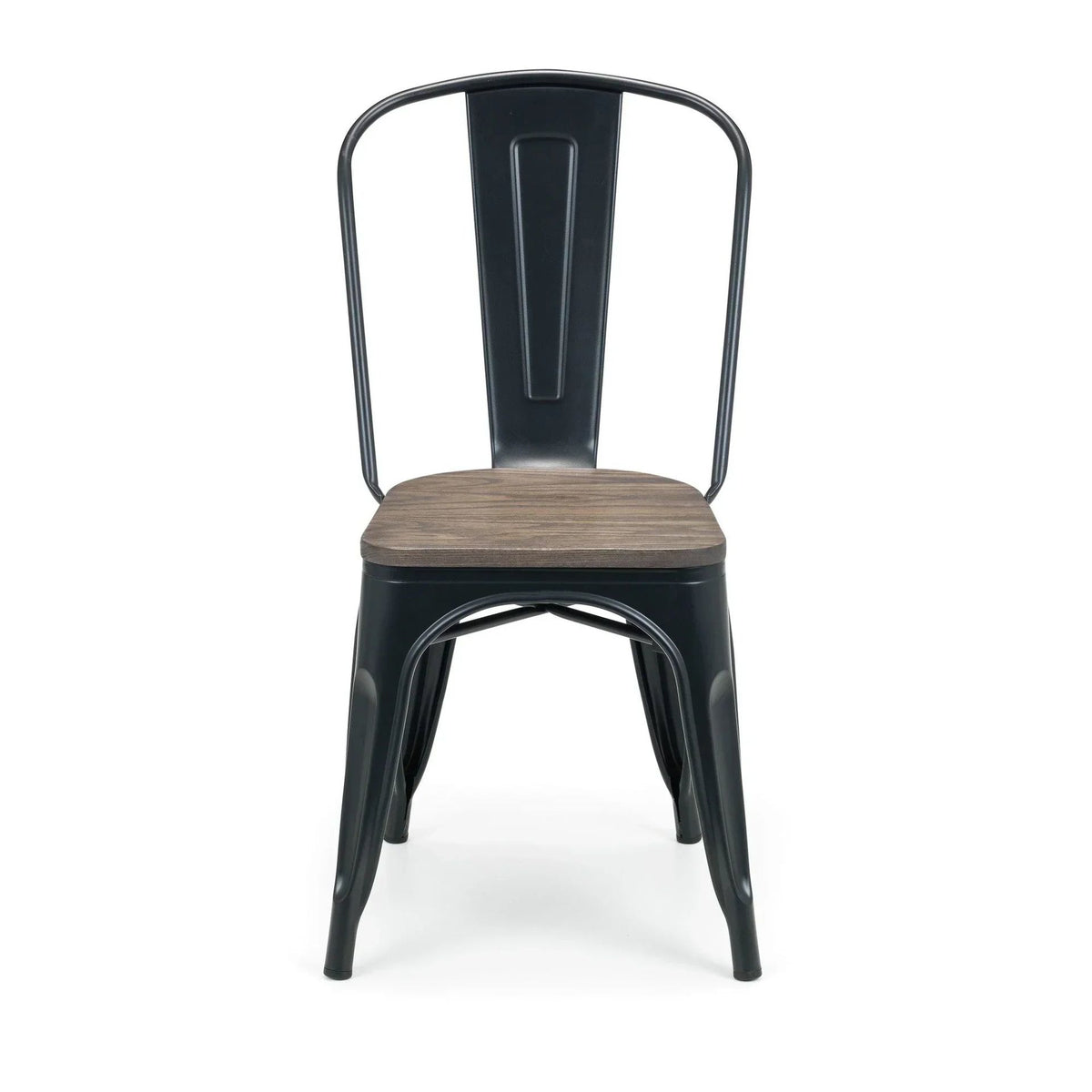 Black metal dining chair with wood-effect seat, front view