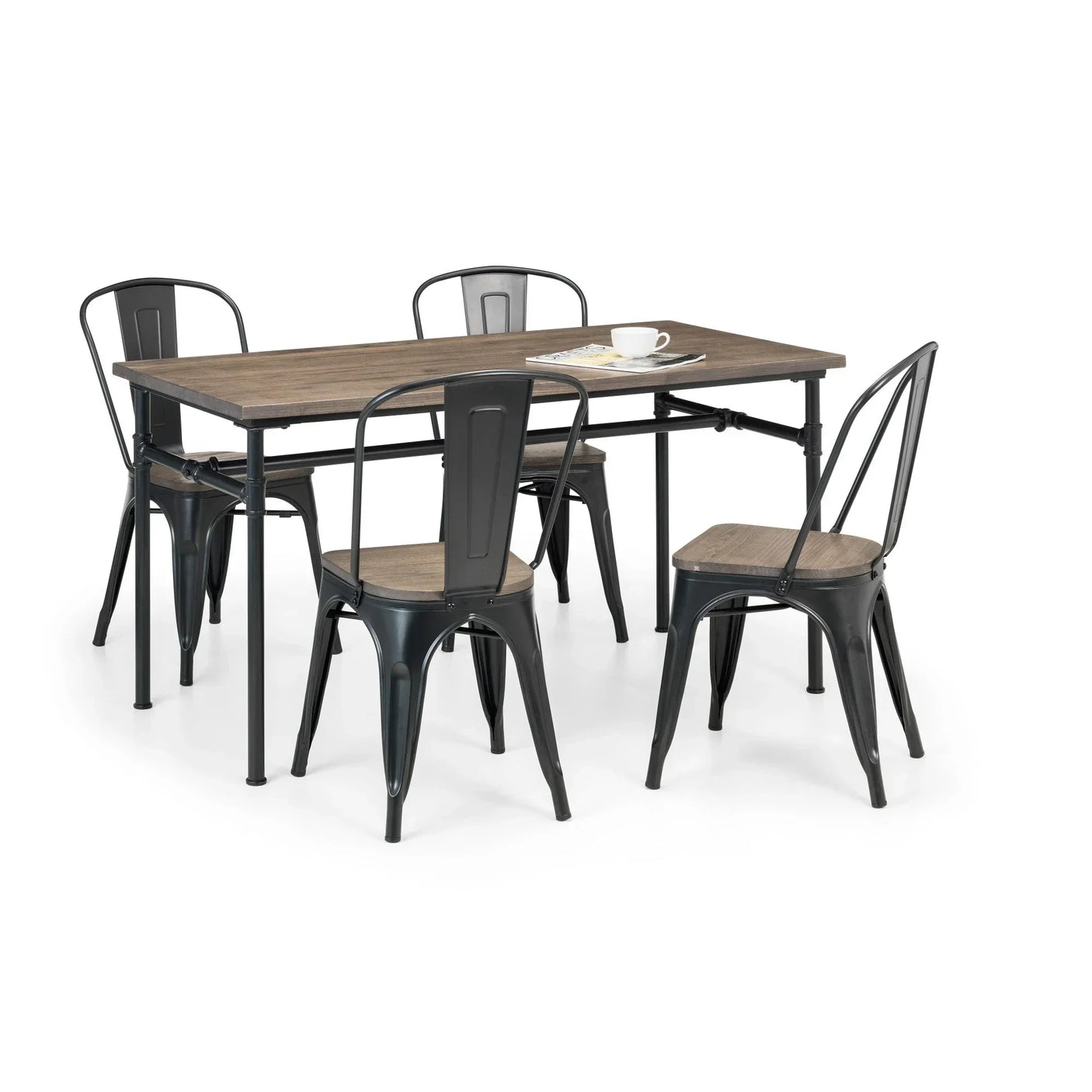 Industrial dining table set with metal chairs and wood tops, arranged on white background