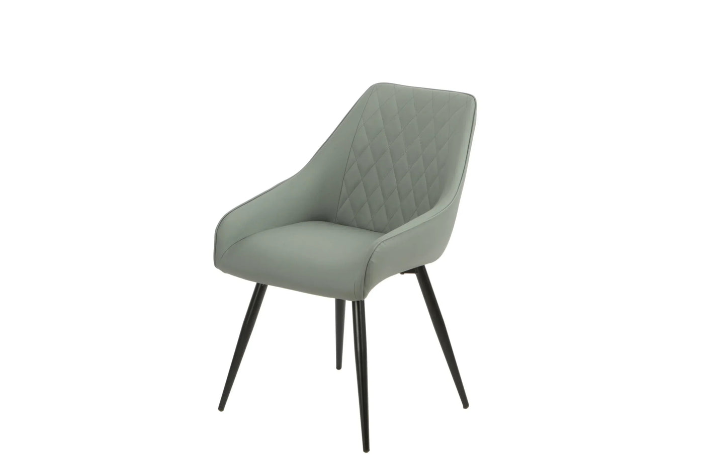 Grey dining chair with diamond-stitched backrest and black metal legs, angled view