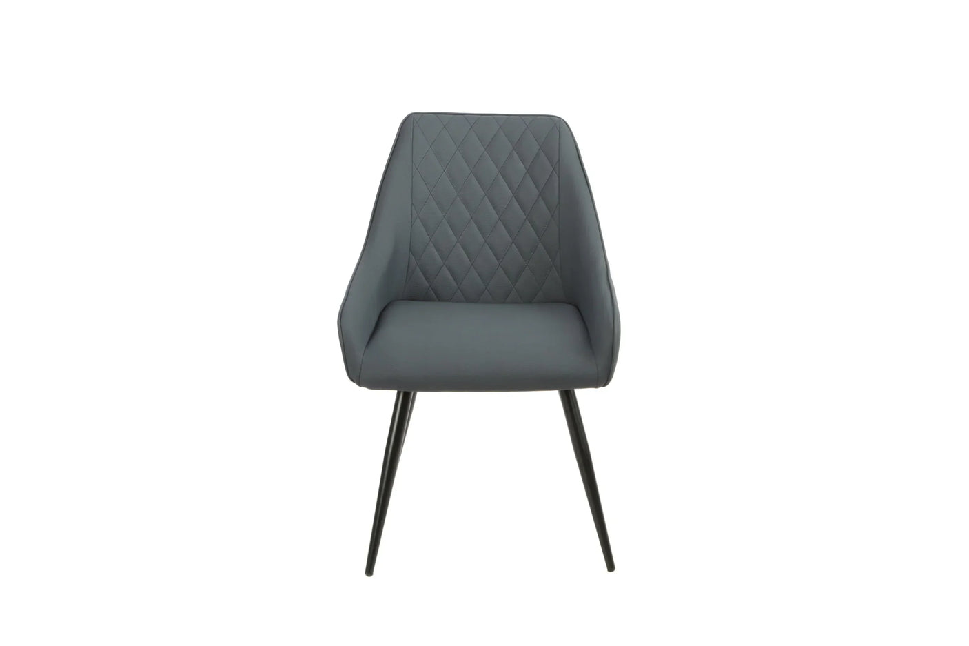 Midnight blue dining chair with diamond-stitched backrest and slim black metal legs