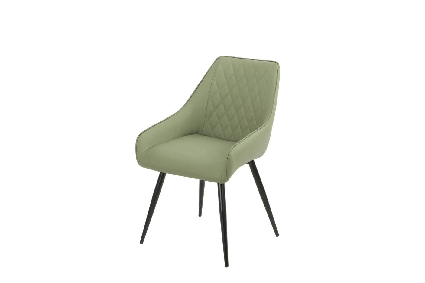 sage green dining chair with diamond-stitched backrest and black metal legs on white background