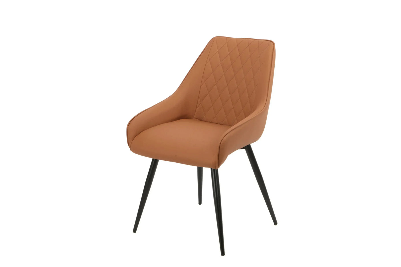 Salmon dining chair with quilted backrest and black metal legs on white background