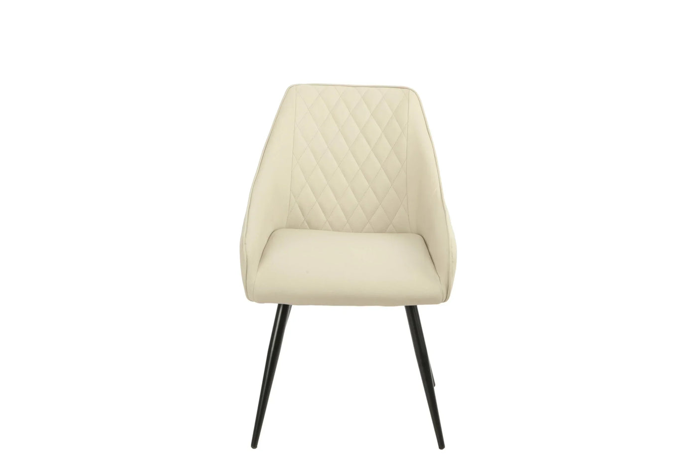 Taupe dining chair with quilted backrest and black metal legs, front view