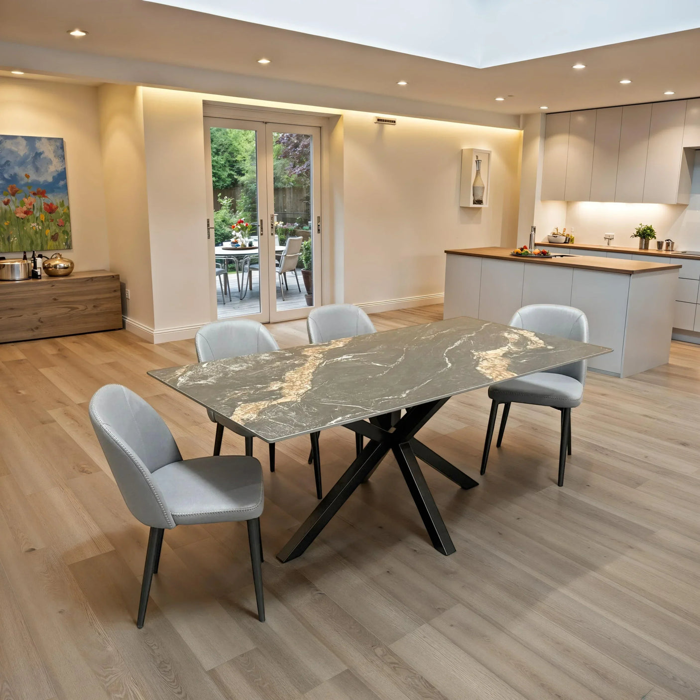 Rectangular marble dining table with black metal legs and four grey chairs in modern kitchen