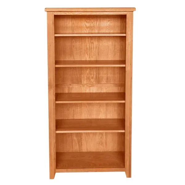 Tall oak bookcase with five shelves and natural wood grain finish
