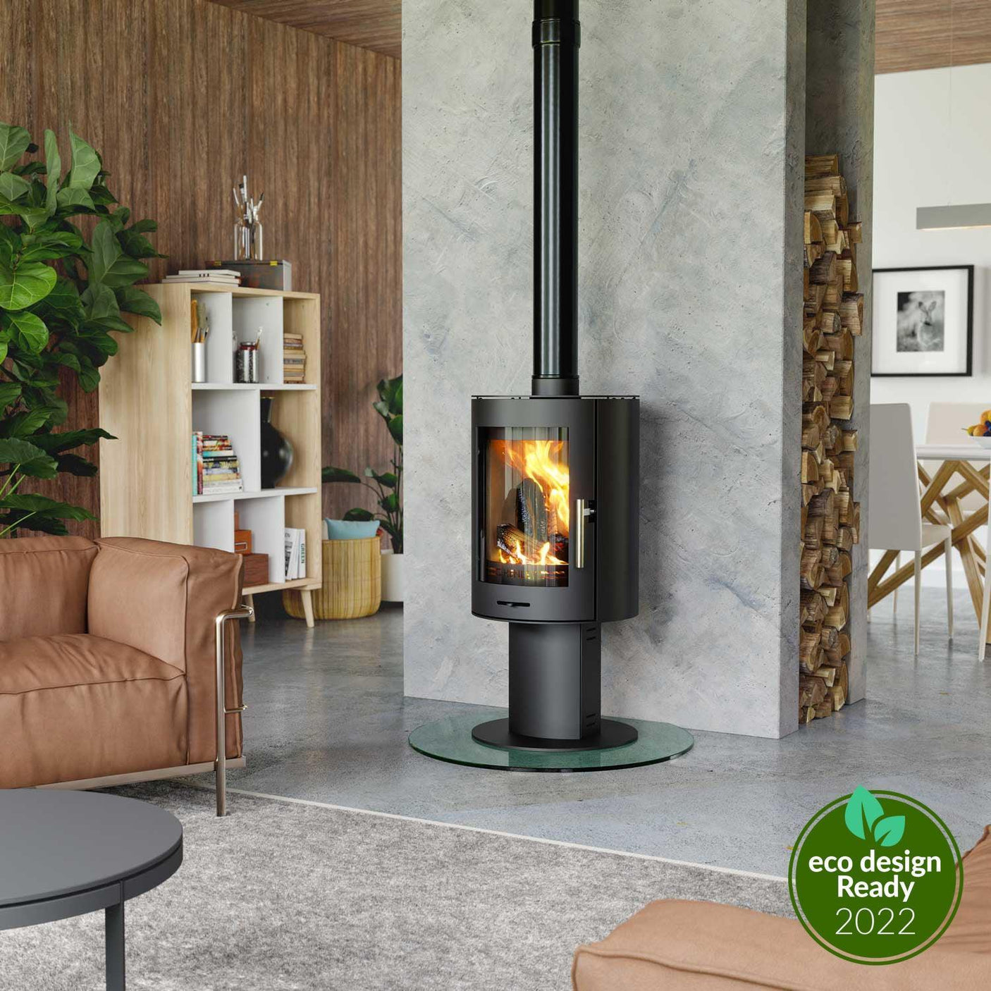 Modern wood burning stove with glass door in stylish living room setting