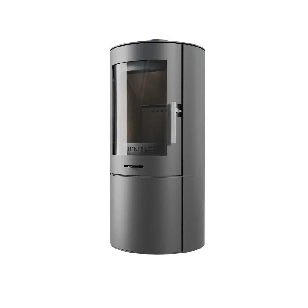Black freestanding wood burning stove with glass front and metal handle, modern design