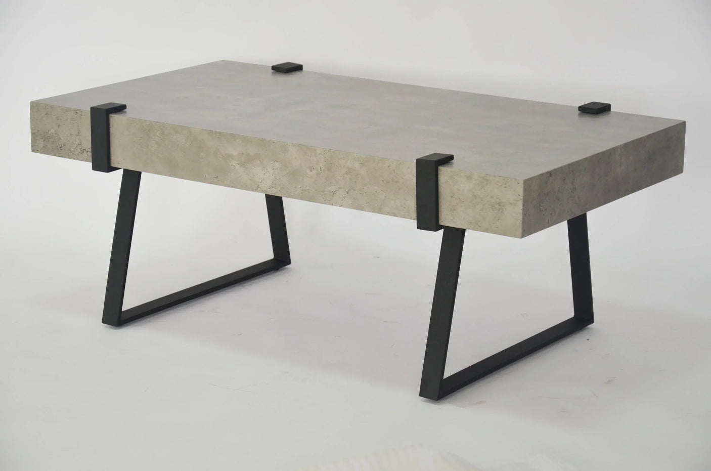 Grey marble coffee table with rectangular top and black metal legs
