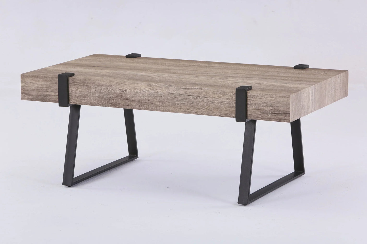 Rustic oak coffee table with thick wood top and black metal legs on white background