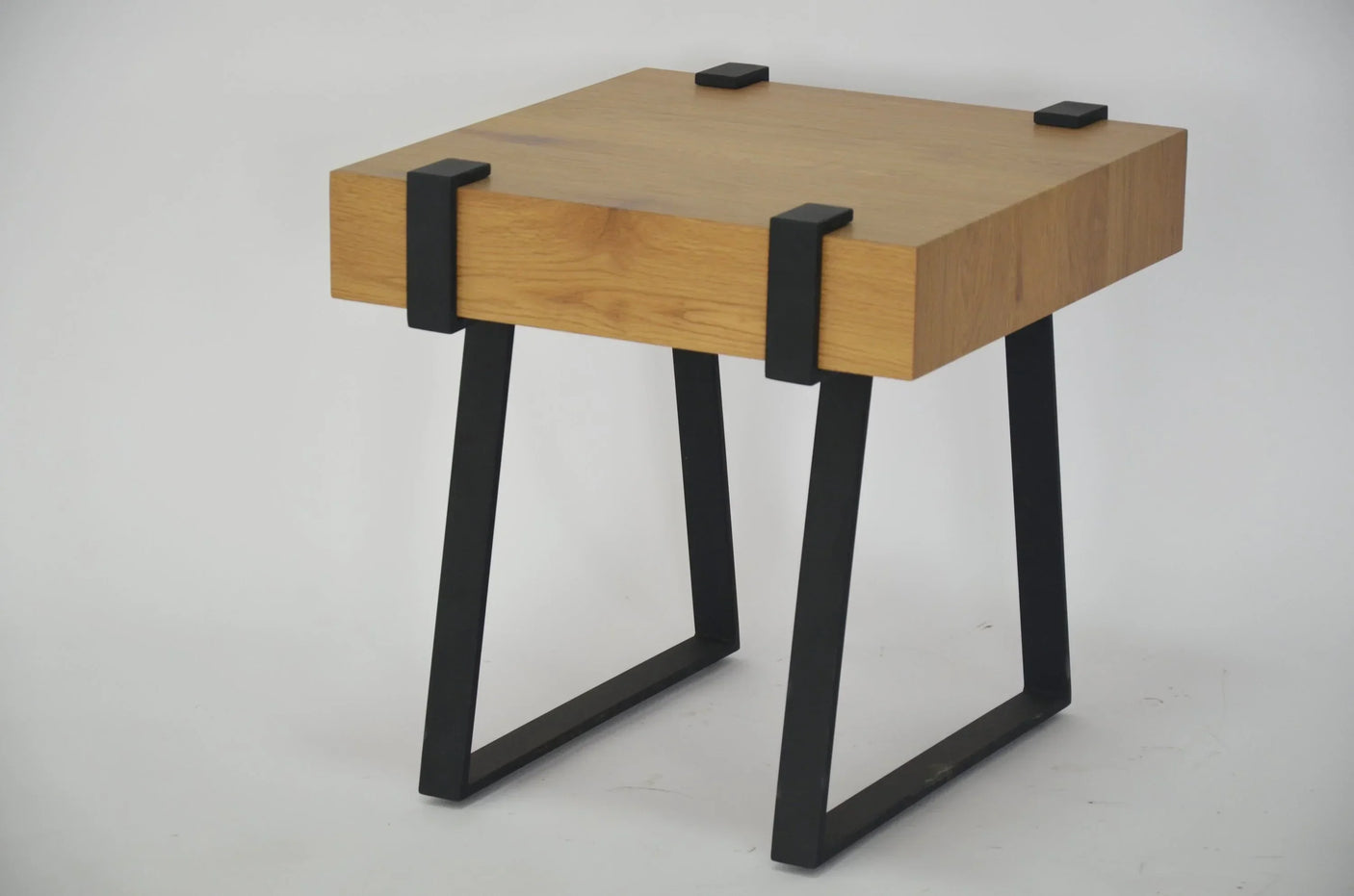 oak lamp table with black metal legs and square top, modern industrial side table design
