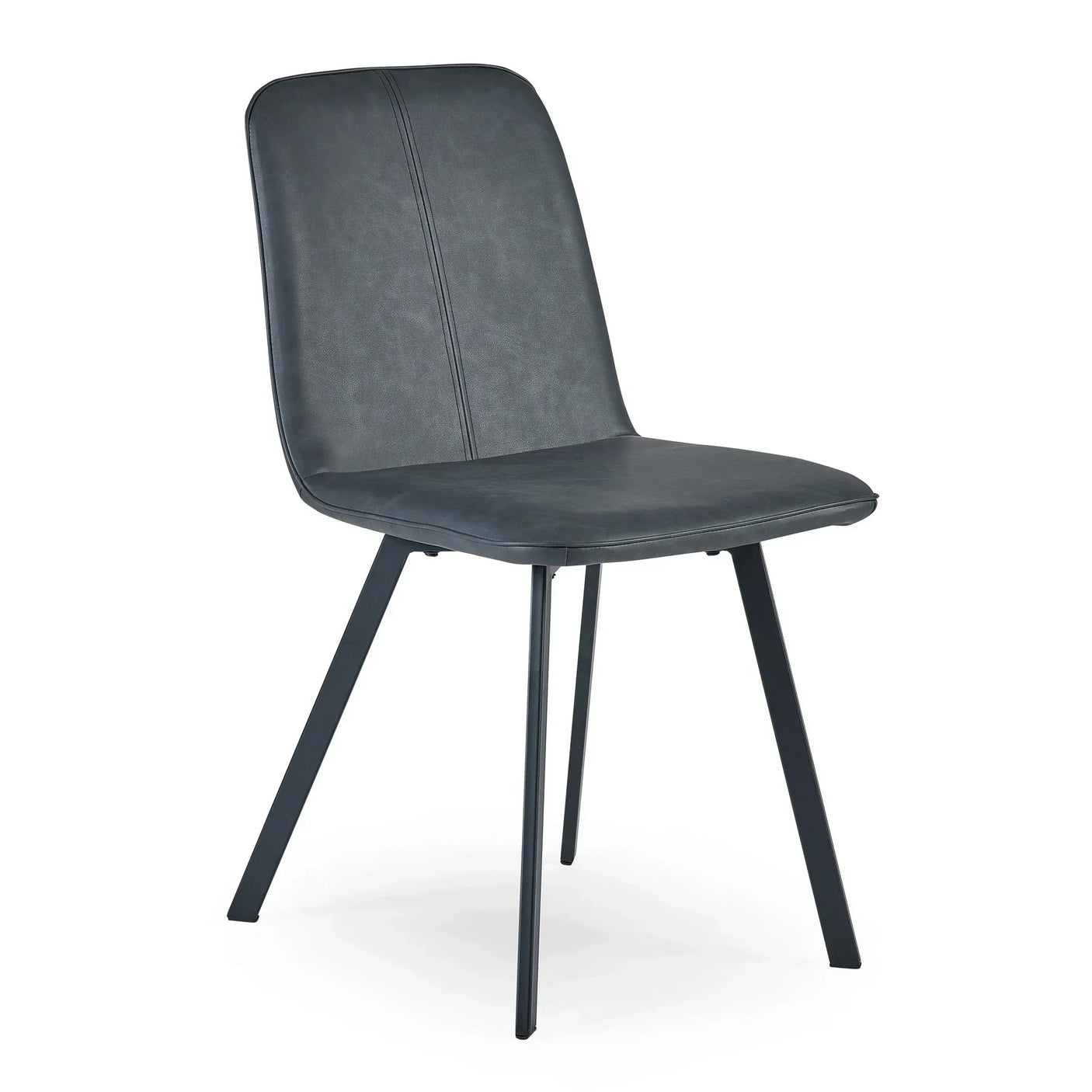 Black dining chair with padded seat and metal legs, shown at an angle on white background