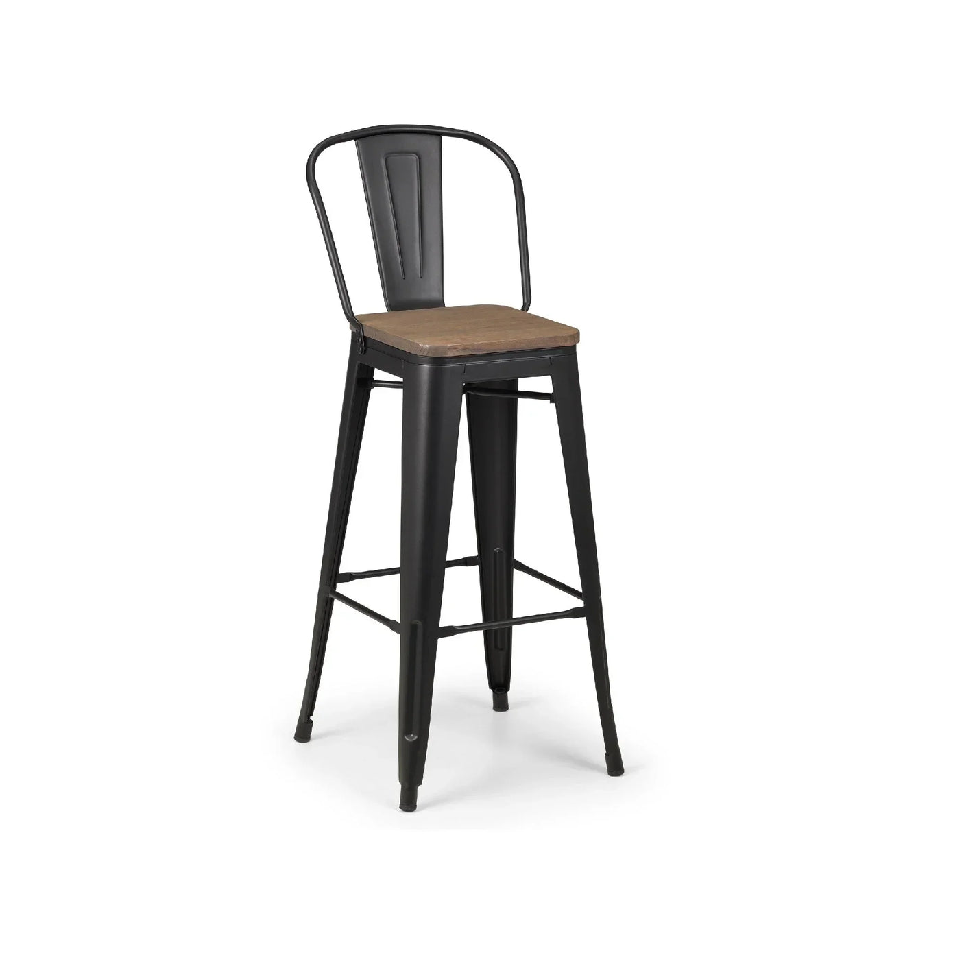 Black metal bar stool with a wooden seat and curved backrest, industrial style furniture
