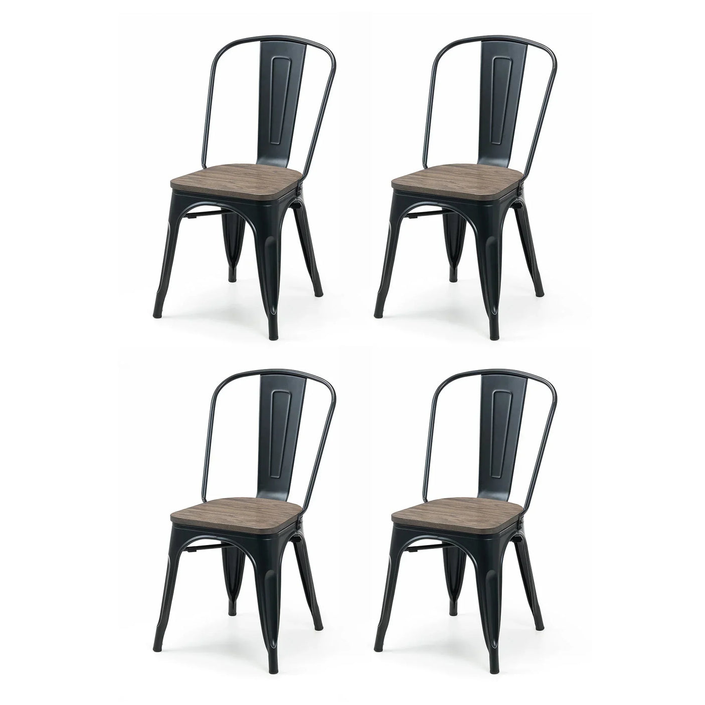 Set of 4 black metal dining chairs with curved backs and wood seats arranged on white background