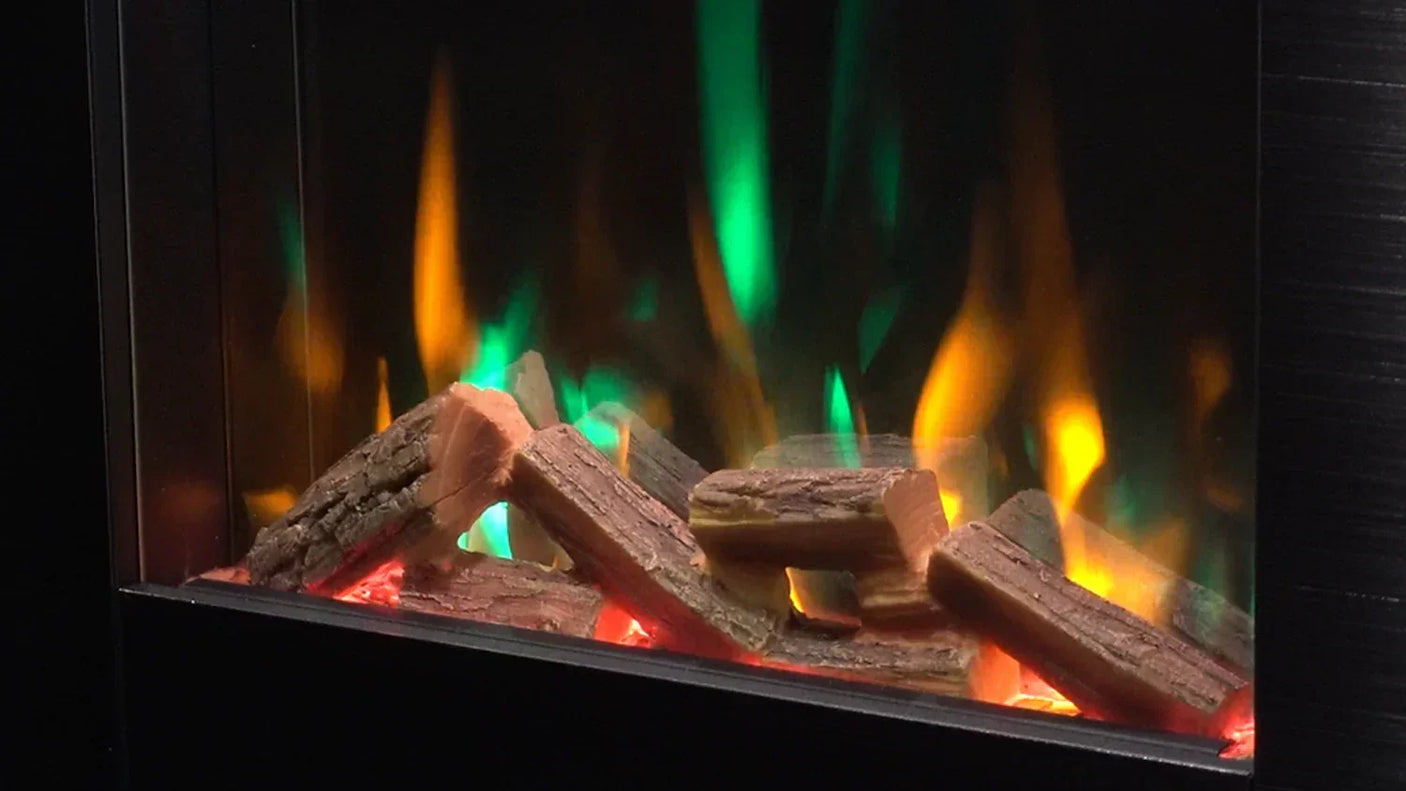 Electric fireplace with realistic log set and orange green flame effect