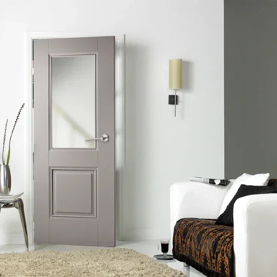 Grey Arnhem glazed internal door with glass panel in modern living room