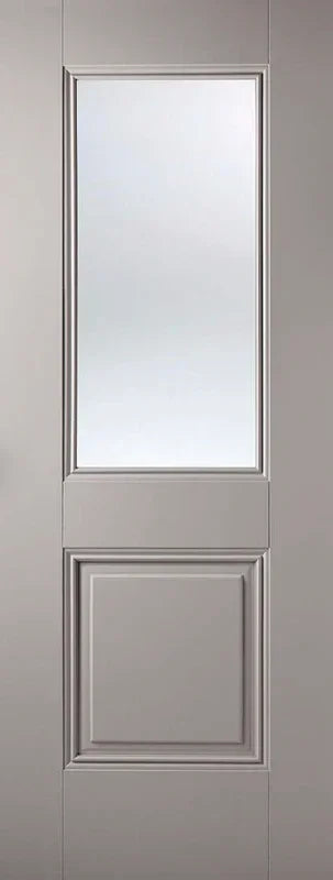 Grey glazed interior door with large frosted glass panel and raised lower panel design
