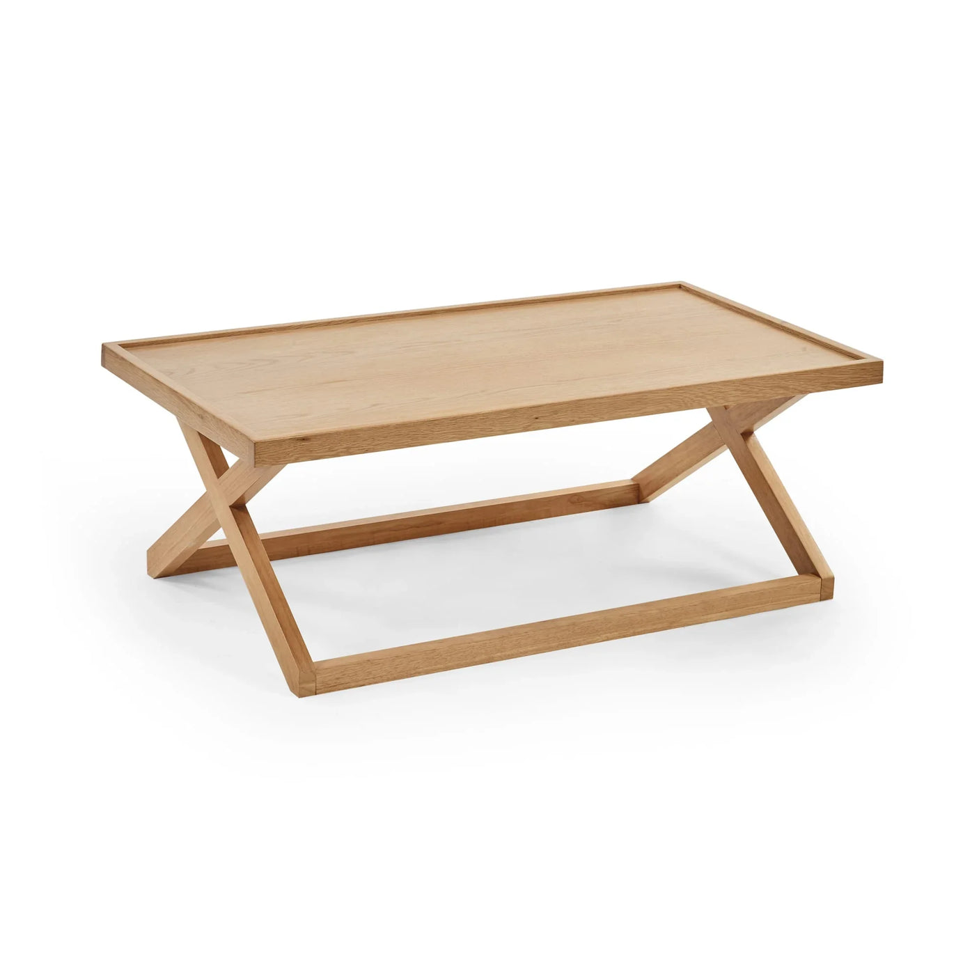 Rectangular oak coffee table with angled wooden legs on white background
