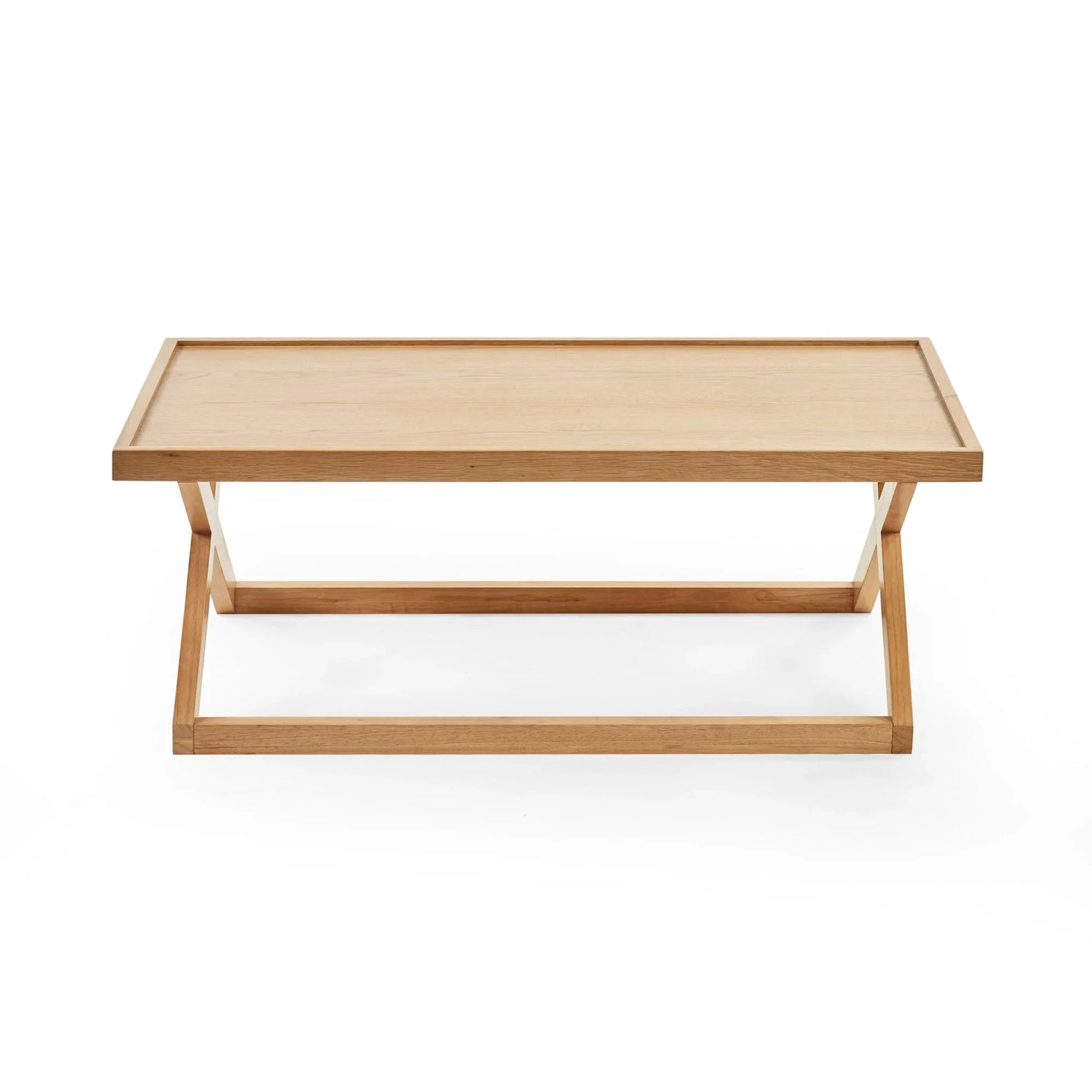 Rectangular wooden coffee table with natural finish and open frame base, front view