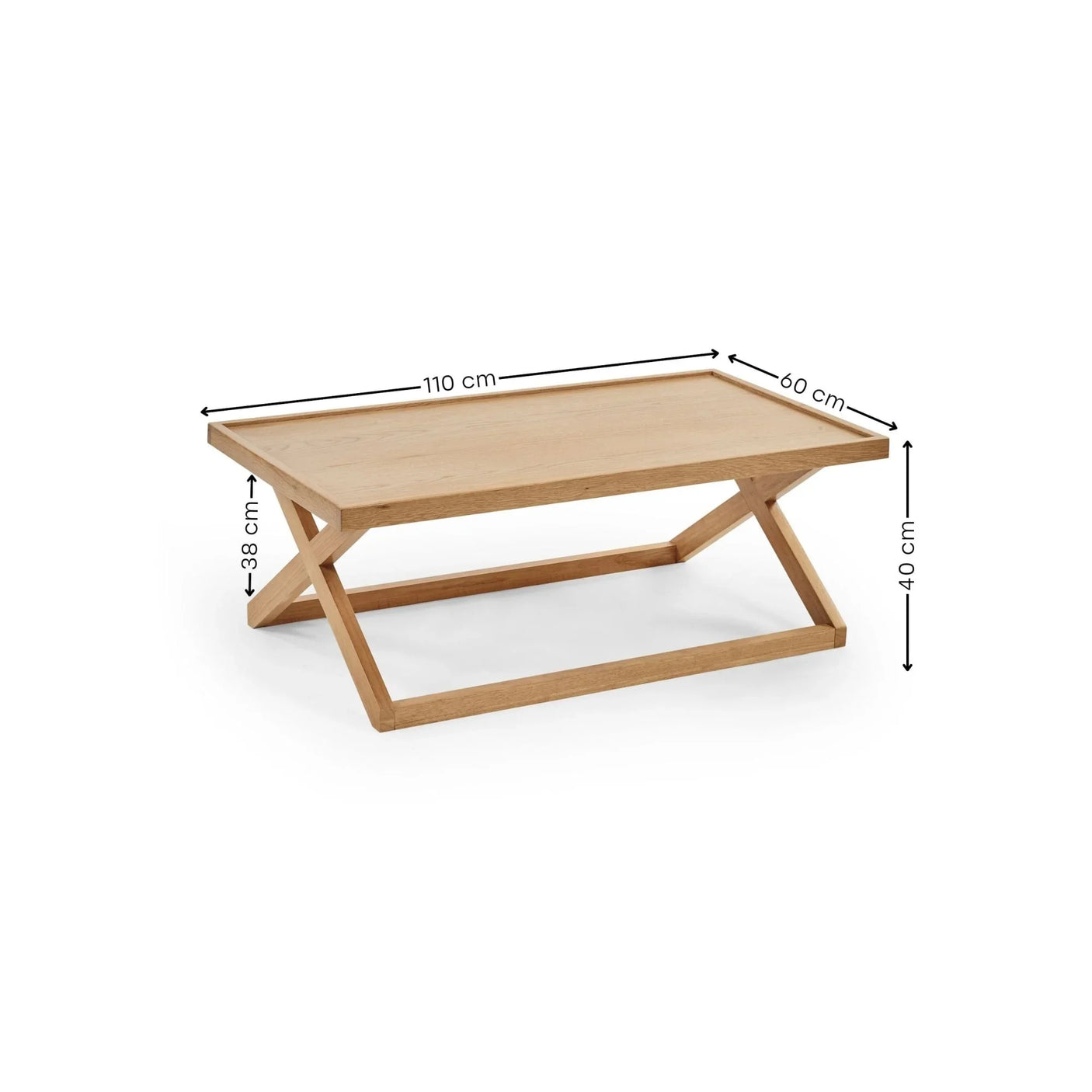 Oak coffee table with rectangular top and cross legs, including measurements in centimeters