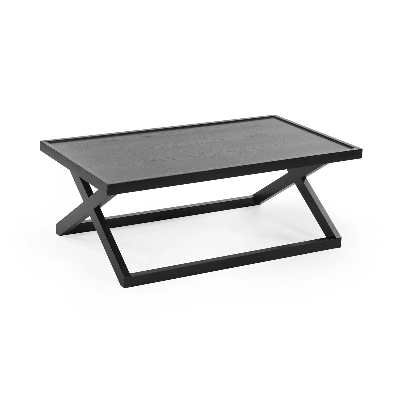 Black wooden coffee table with rectangular top and angled frame base on white background