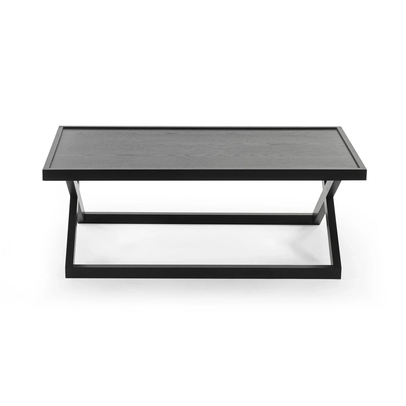 Black rectangular coffee table with modern geometric metal base, front view