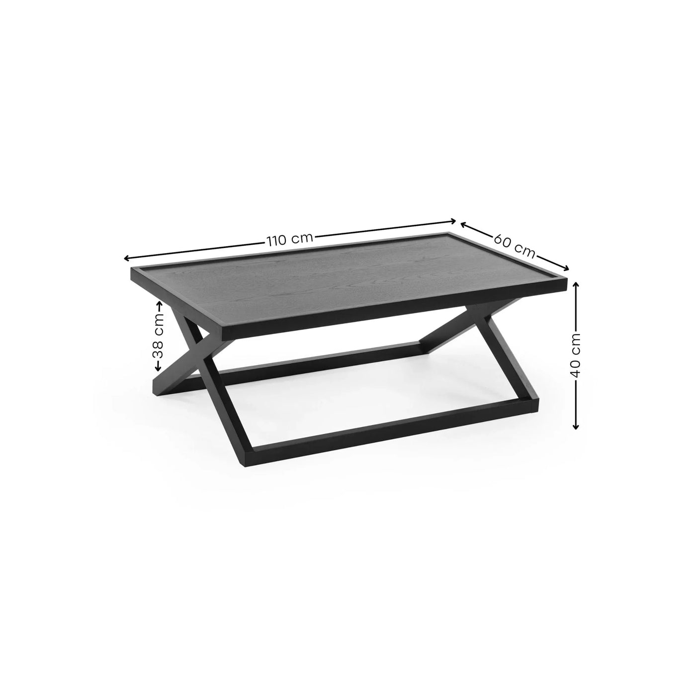Black modern coffee table with rectangular top and geometric base, dimensions labeled in cm