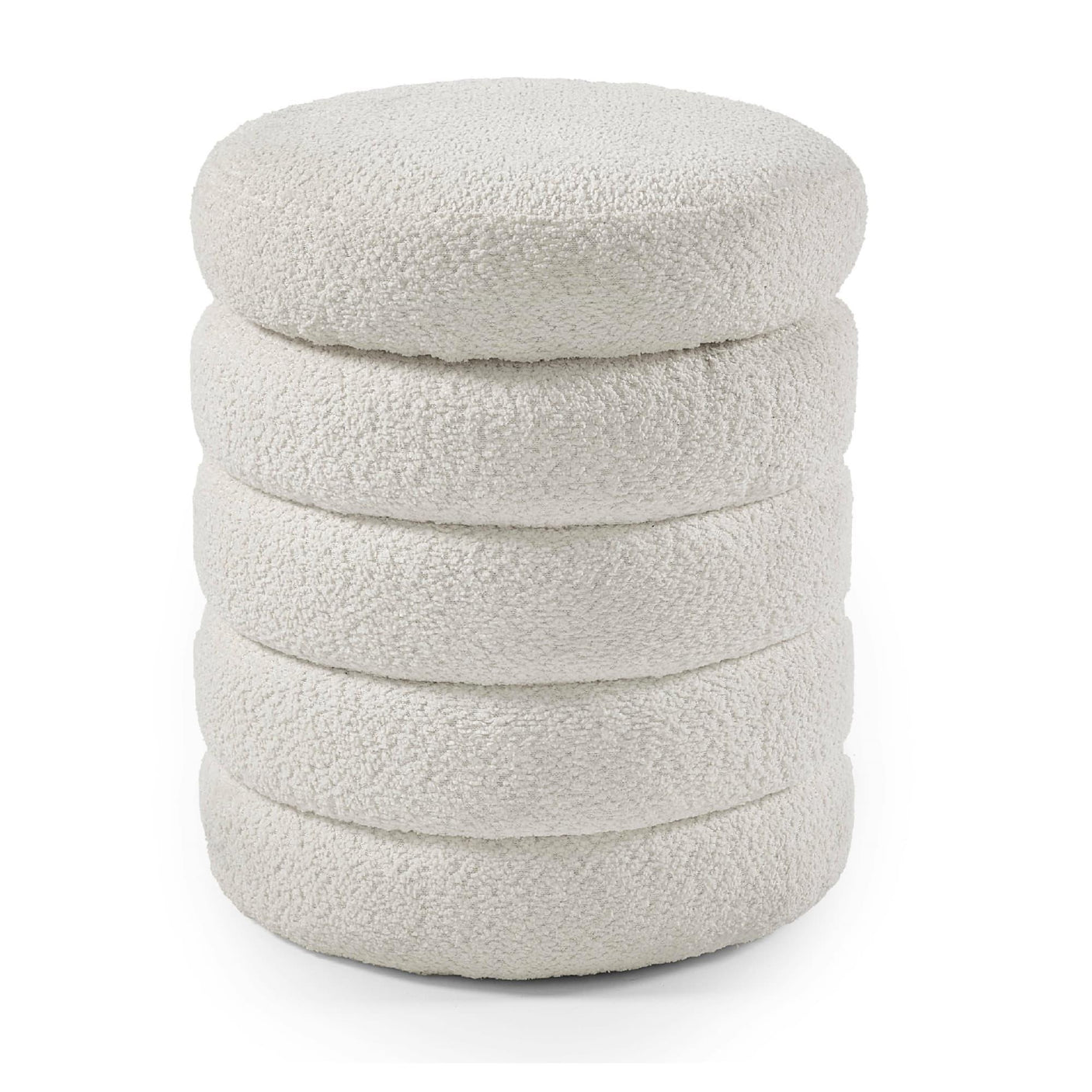 Round cream boucle ottoman footstool with layered cylindrical design