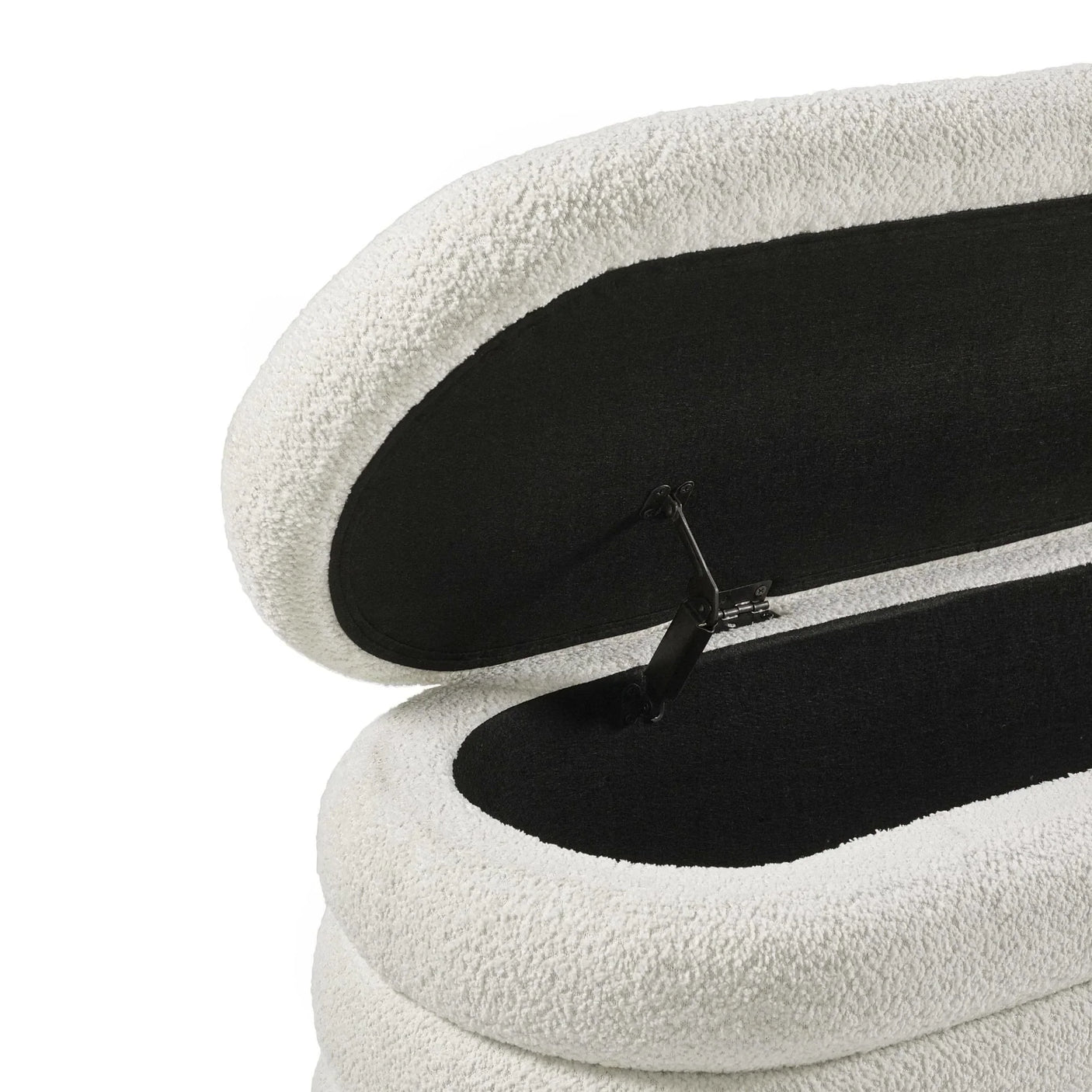 Boucle fabric storage ottoman open to show black interior and hinge detail