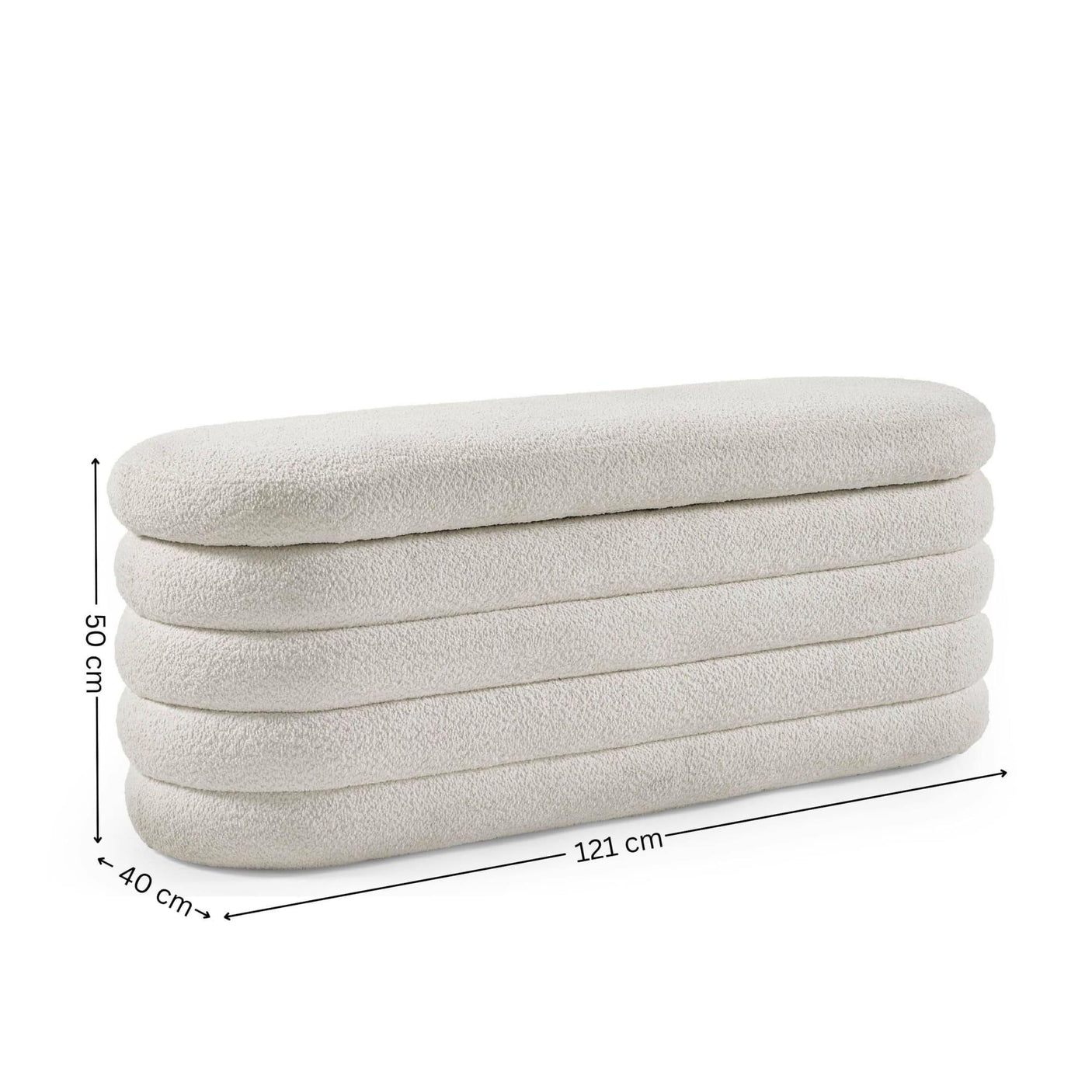 Cream bouclé upholstered bench with rounded edges and dimensions shown
