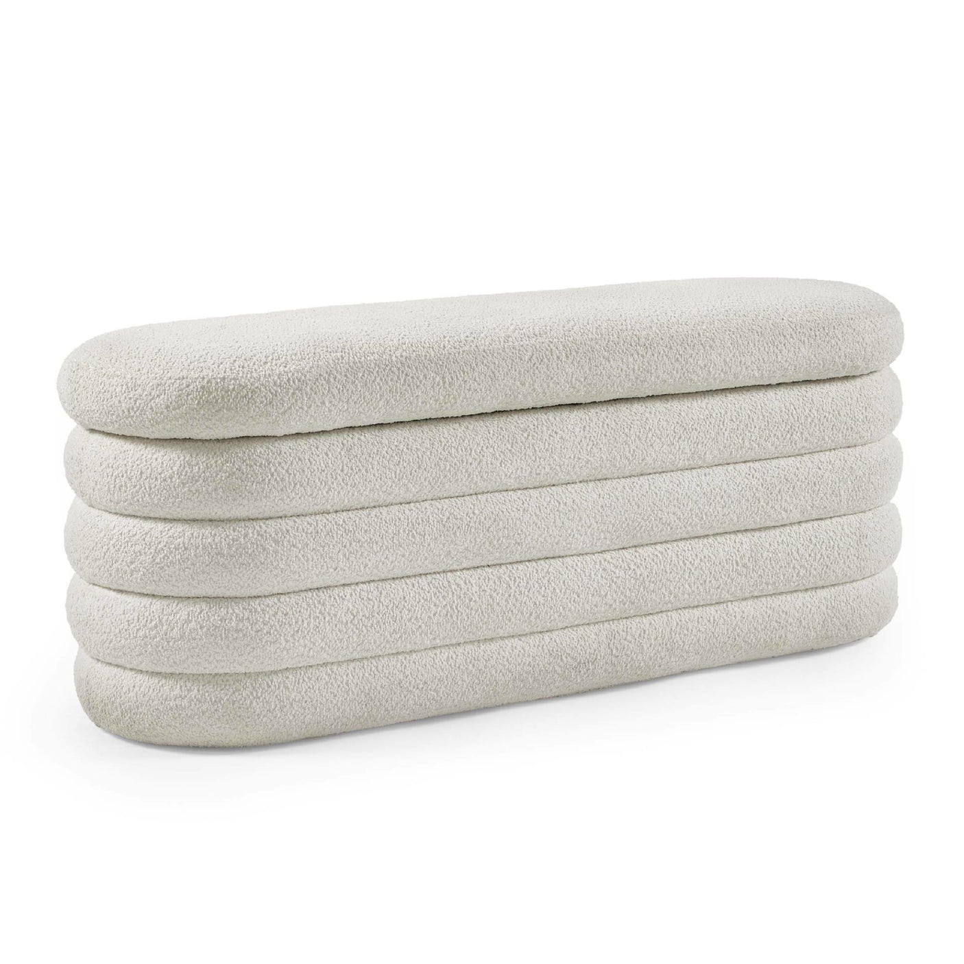 Cream boucle bench with layered cushion design and rounded edges