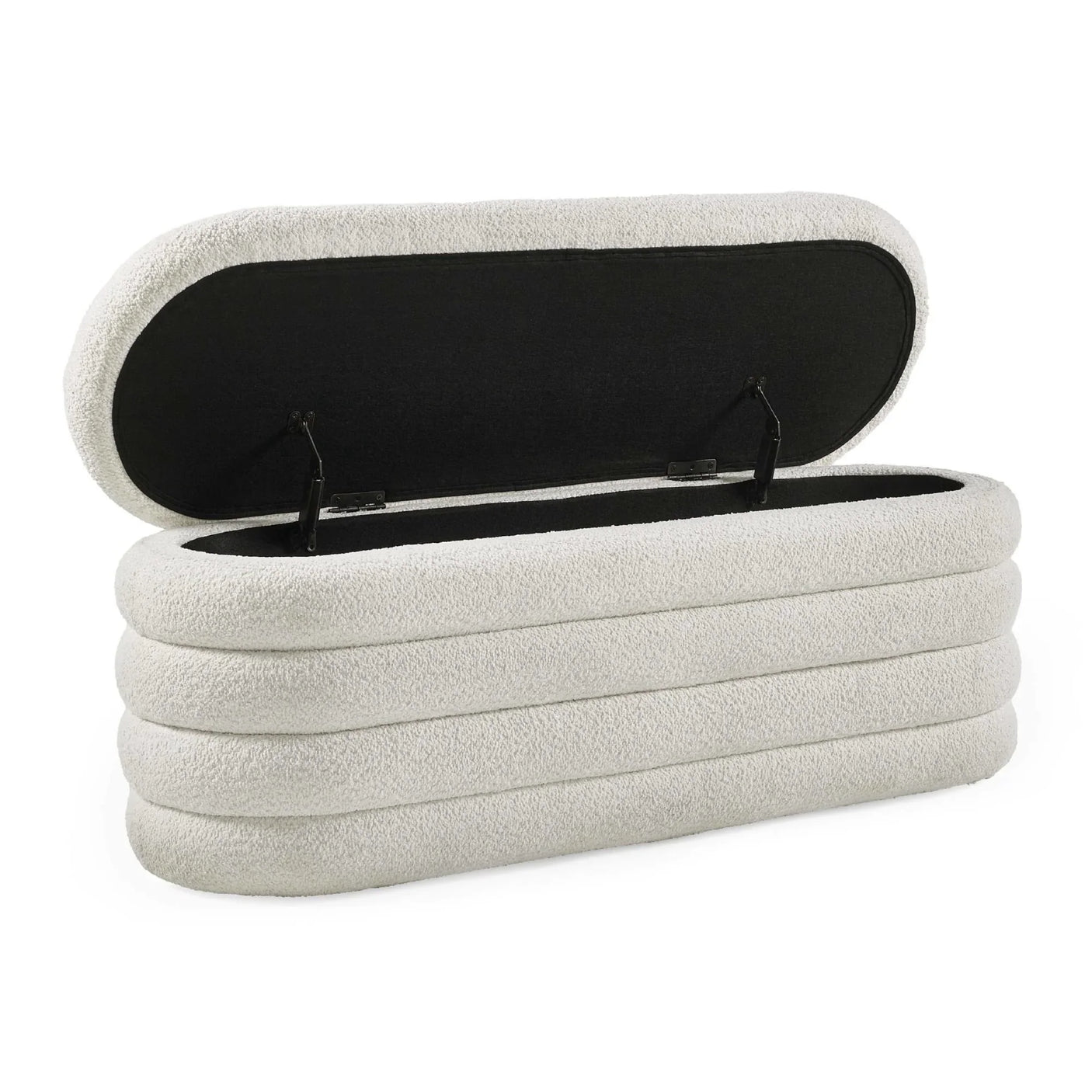 White boucle storage bench with hinged lid and rounded, textured sides