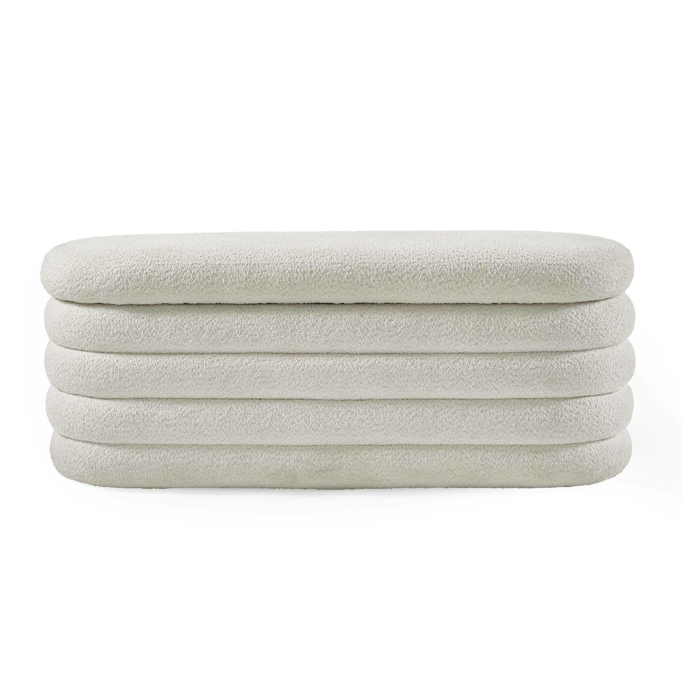 Cream textured ottoman bench with rounded, layered upholstery design