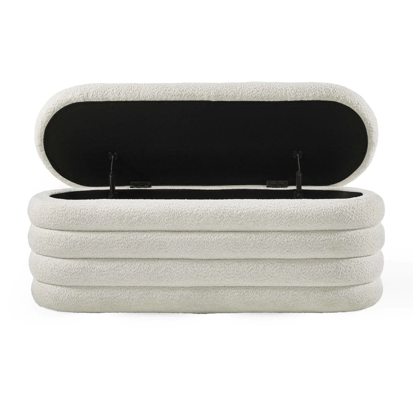 Cream boucle storage bench with open lid, showing interior compartment