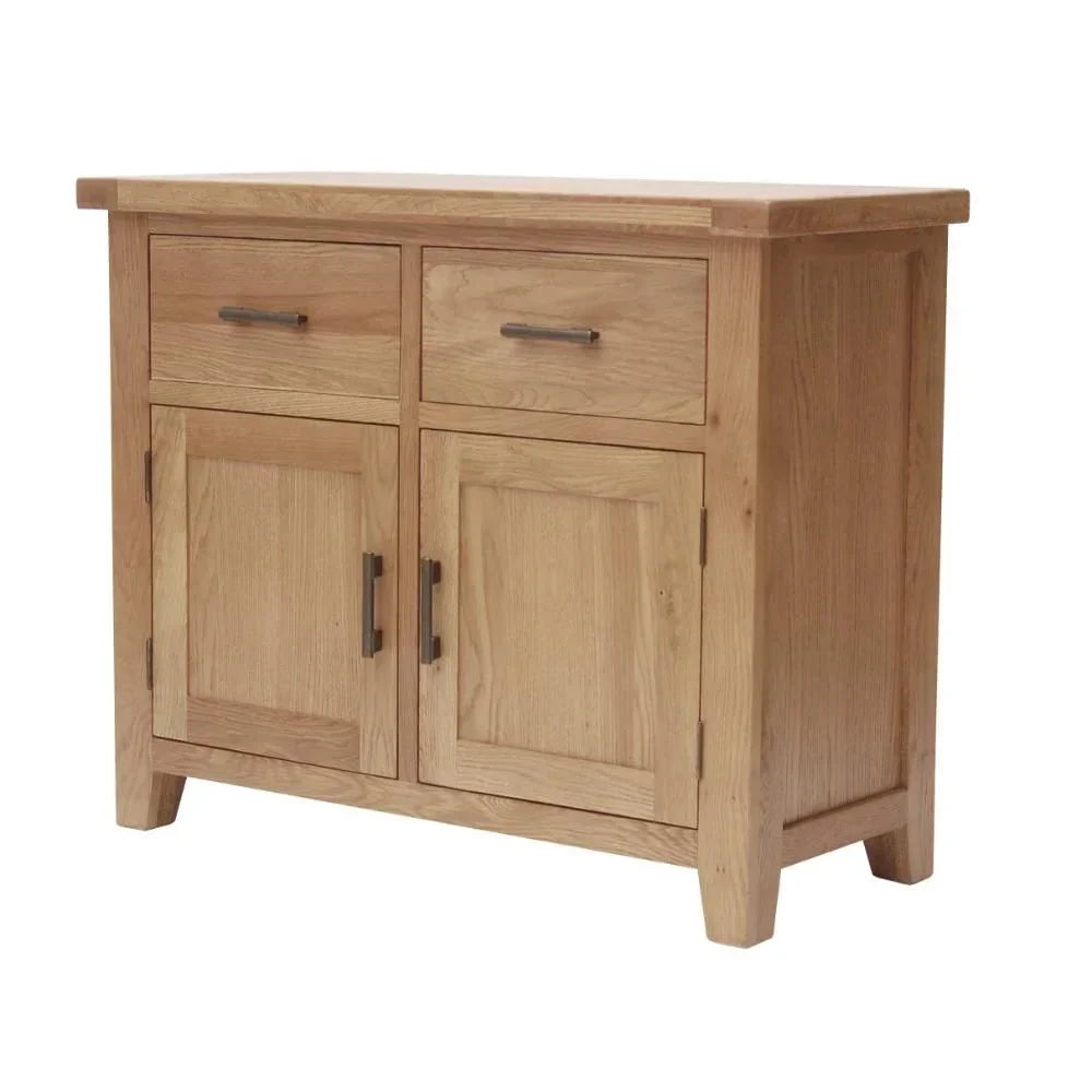 Oak sideboard with two drawers and two cupboard doors, metal handles, natural wood finish