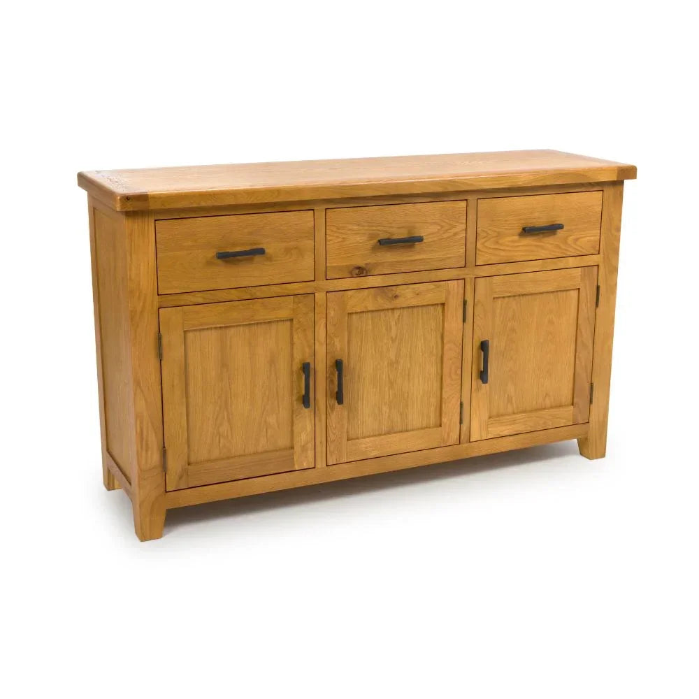 Oak sideboard with three drawers and three cabinets, black handles, straight edge design