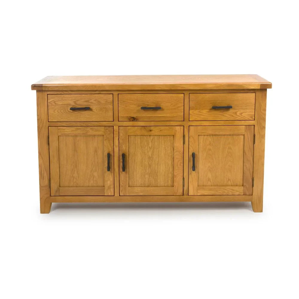 Oak sideboard with three drawers, three cupboard doors and black metal handles