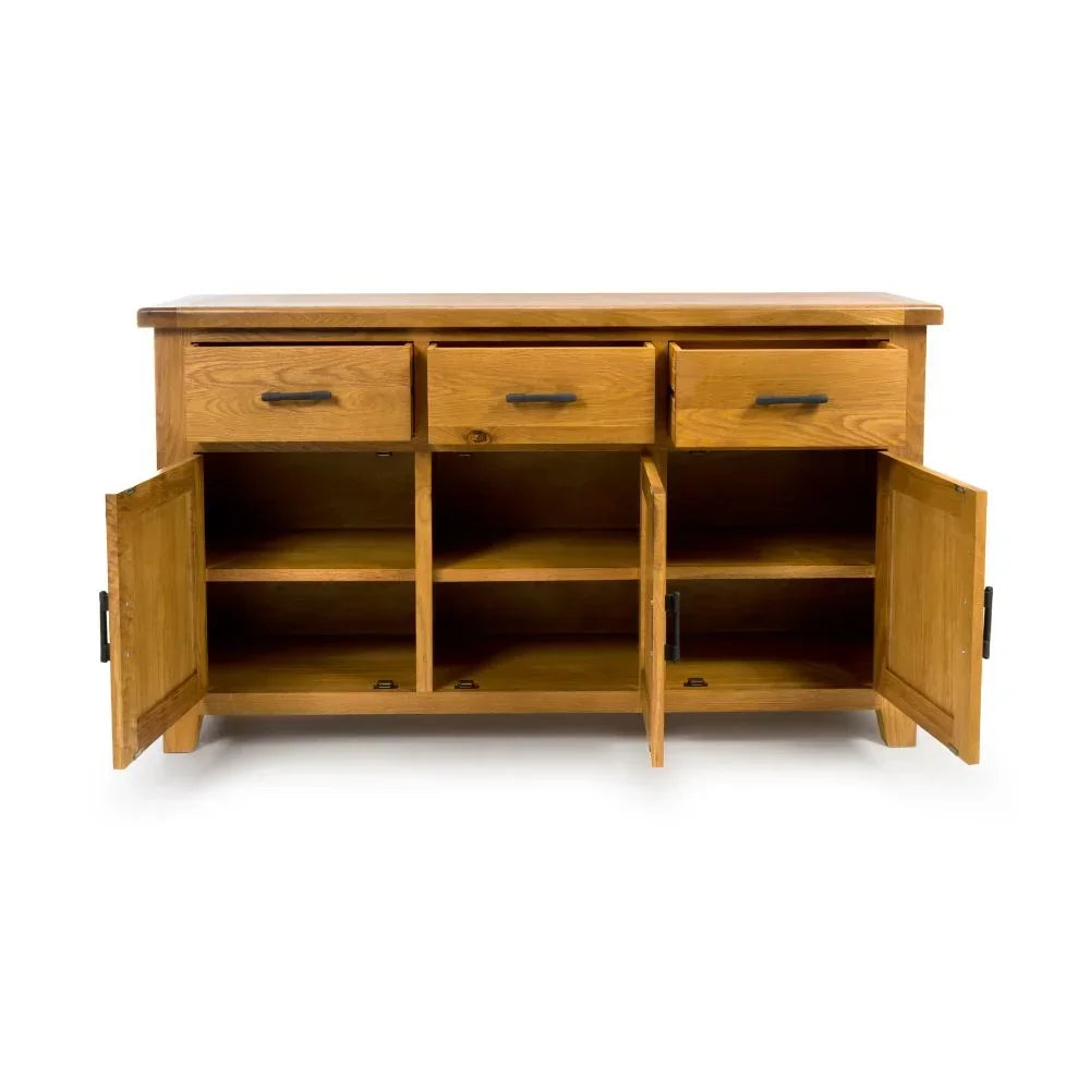 Oak sideboard with three drawers and six open cabinet shelves, doors open, black handles