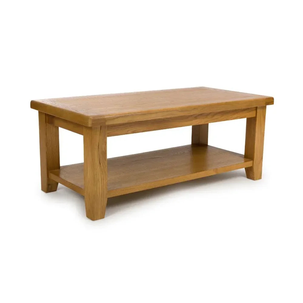 Oak coffee table with lower shelf, rectangular design, light wood finish